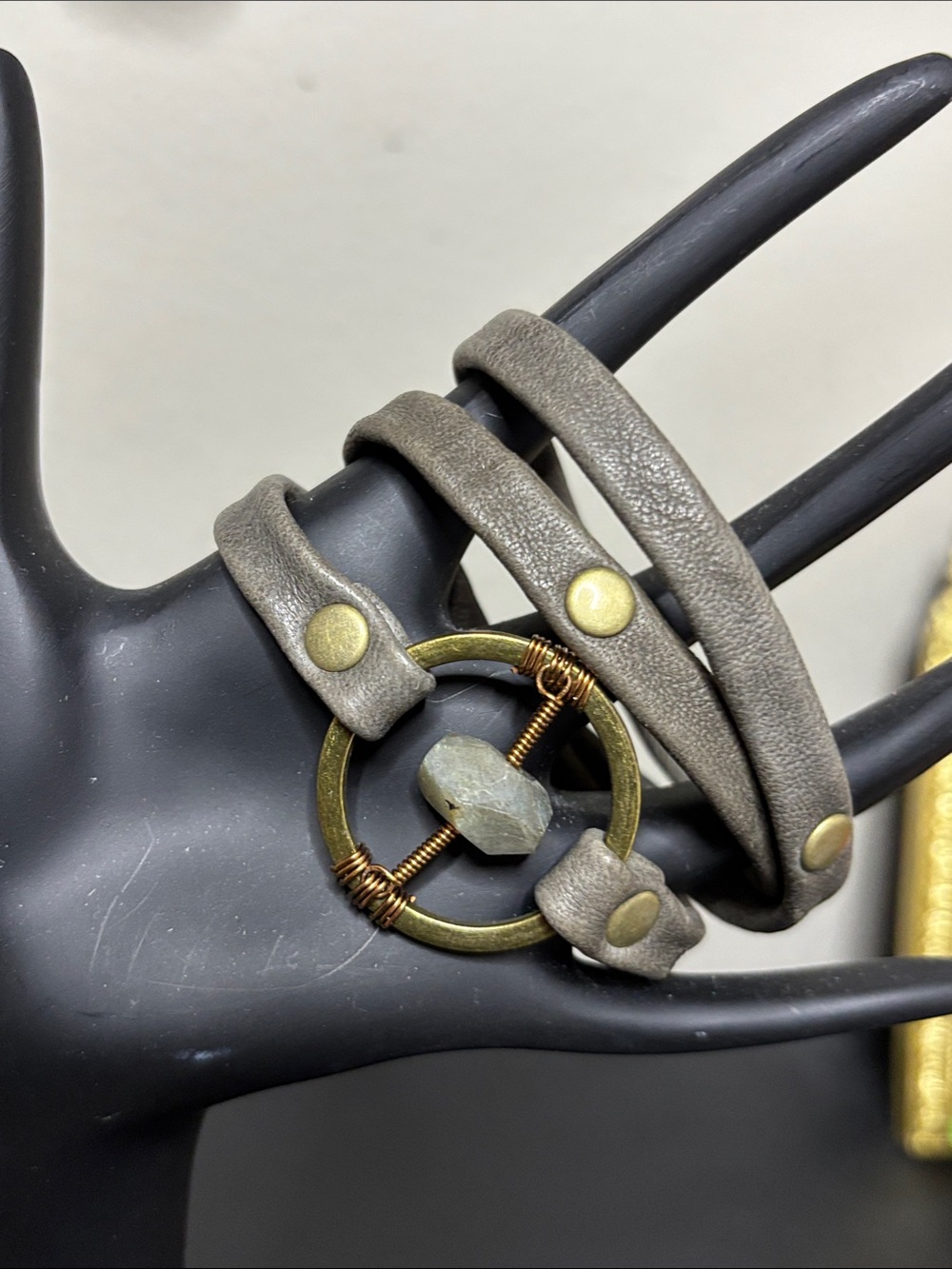 CB Gray Leather Wrap Bracelet with Brass Ring and Stone Accent